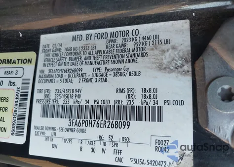 2014 Ford Fusion Se from USA, damaged, VIN 3FA6P0H76ER268099